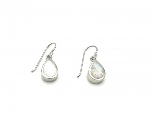 Silver White Created Opal Drop Earrings