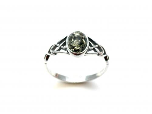 Silver Green Amber Celtic Style Ring