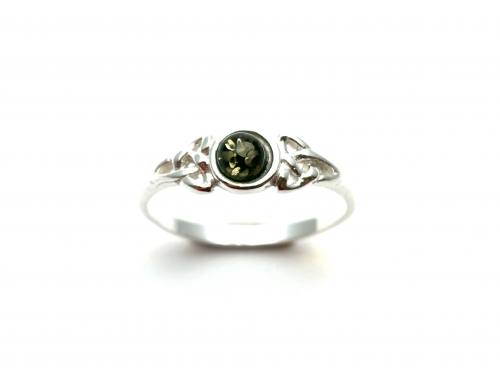 Silver Green Amber Celtic Style Ring