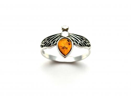 Silver Amber Dragonfly Ring