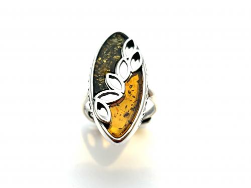 Silver Two Colour Amber Adjustable Ring