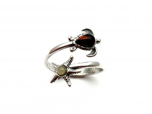 Silver Turtle and Starfish Amber Torque Ring