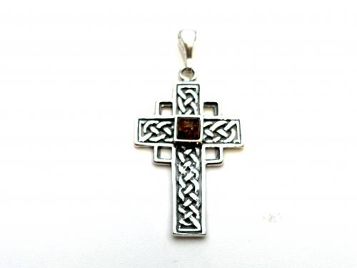 Silver Amber Celtic Style Cross 35 x 24mm
