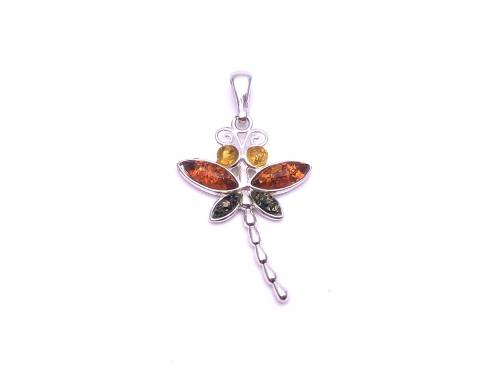 Silver Three Colour Amber Dragonfly Pendant