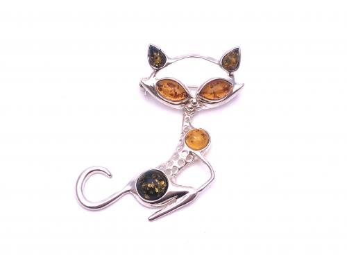 Silver Amber Moveable Cat Brooch