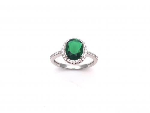 Silver Green Stone & Clear CZ Ring