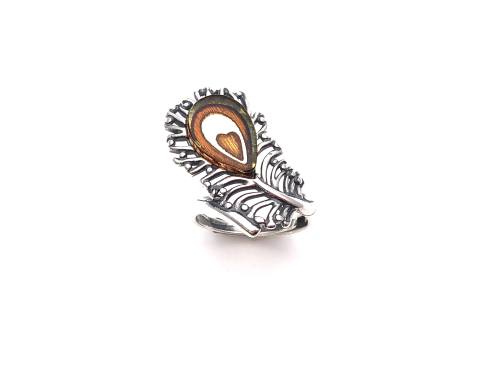 Silver and Amber Heart Feather Adjustable Ring