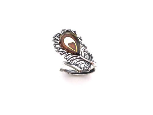 Silver and Amber Heart Feather Adjustable Ring