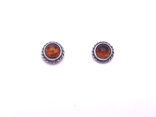 Silver Amber Round Stud Earrings 8mm
