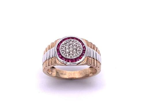 9ct Yellow Gold Gents Ruby & Diamond Cluster Ring