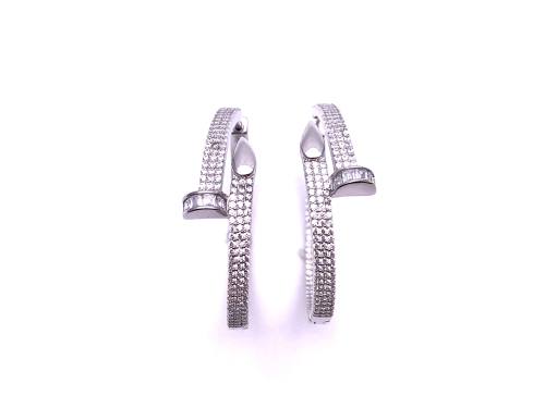 Silver Round CZ Set Nail Hoop Earrings