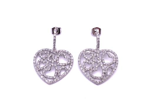 Silver CZ Set Heart Drop Earrings