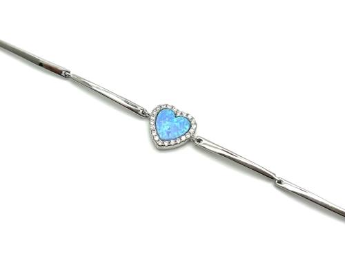 Silver Created Opal & CZ Heart Bracelet