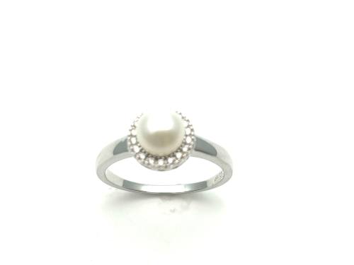 Silver Freshwater Pearl And CZ Cluster Ring