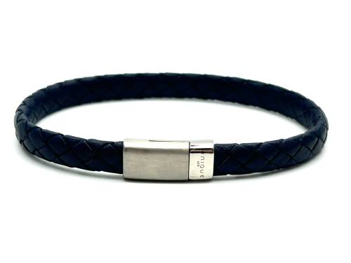 Navy Leather Matte Polished Steel Flat Bracelet