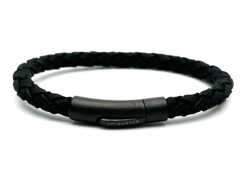 Black Leather Matte Stainless Steel Clasp Bracelet