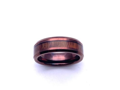 Tungsten Carbide Wood Inlay Brown IP Plating Ring
