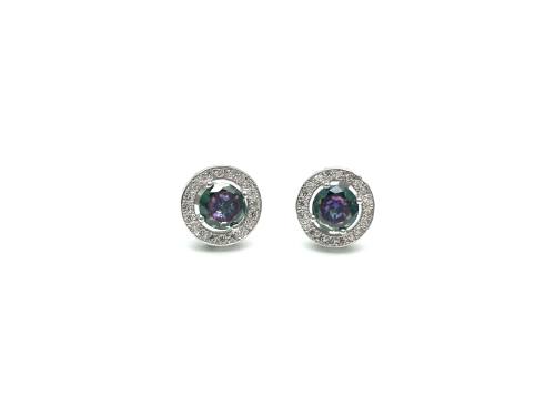 Silver Round Mystic & White CZ Halo Stud Earrings