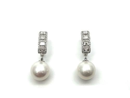 18ct White Gold FW Pearl & Diamond Drop Earrings