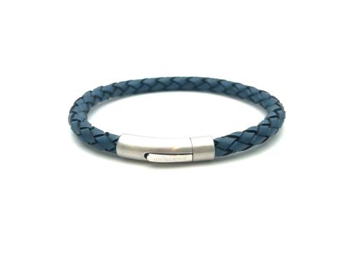 Waxy Blue Leather Bracelet Stainless Steel Clasp