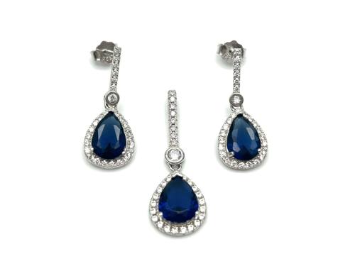 Silver Blue & White CZ Pendant & Earrings Set
