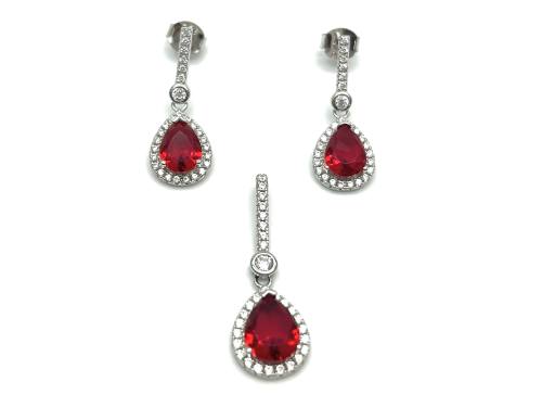 Silver Red & White CZ Pendant & Earrings Set