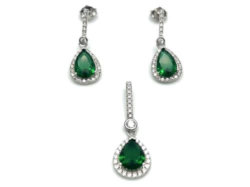 Silver Green & White CZ Pendant & Earrings Set