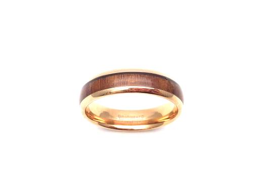 Tungsten Carbide Wood Inlay & Rose IP Plating Ring