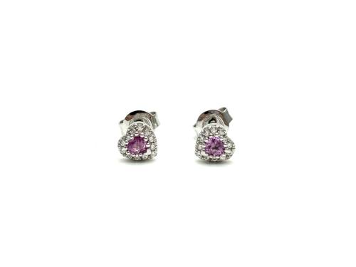 Silver Pink Sapphire & CZ Heart Stud Earrings