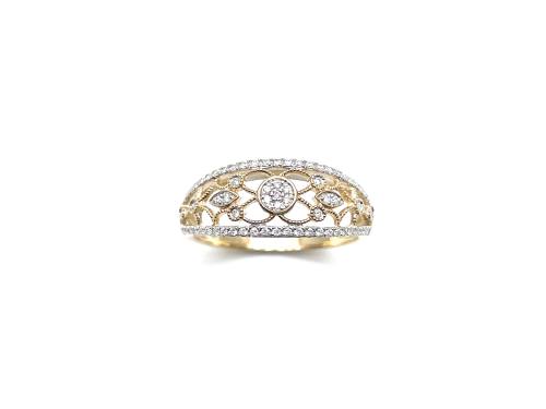 9ct Yellow Gold Filigree Diamond Pave Ring