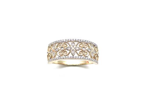 9ct Yellow Gold Filigree Diamond Pave Style Ring