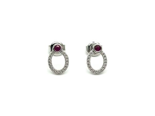 Silver Ruby & CZ Oval Stud Earrings
