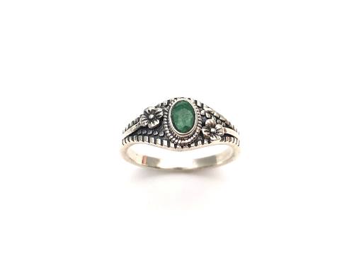 Silver Patterned Emerald Solitaire Ring
