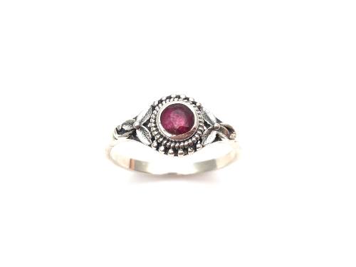 Silver Patterned Ruby Solitaire Ring