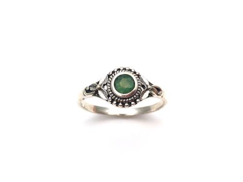 Silver Patterned Emerald Solitaire Ring