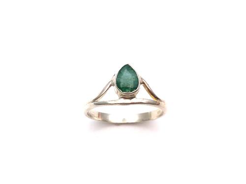 Silver Cutout Teardrop Emerald Soltaire Ring