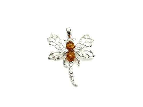 Silver Amber Dragonfly Pendant