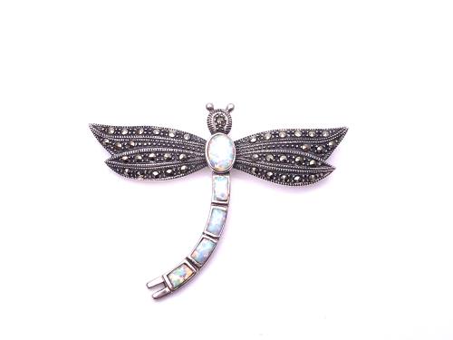 Silver Marcasite & Opal Dragonfly Brooch
