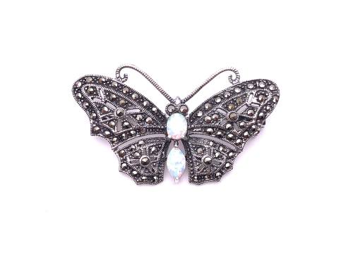 Silver Marcasite & Opal Butterfly Brooch