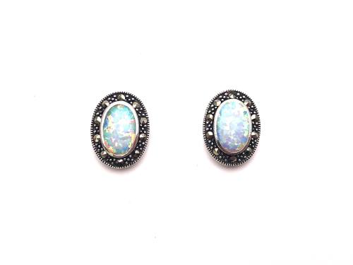 Silver Opal & Marcasite Halo Stud Earrings