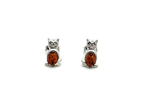 Silver Amber Cat Stud Earrings
