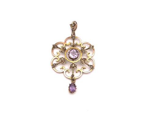 An Old 9ct Yellow Gold Amethyst & Pearl Pendant