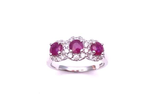 Platinum Ruby and Diamond 3 Stone Cluster Ring