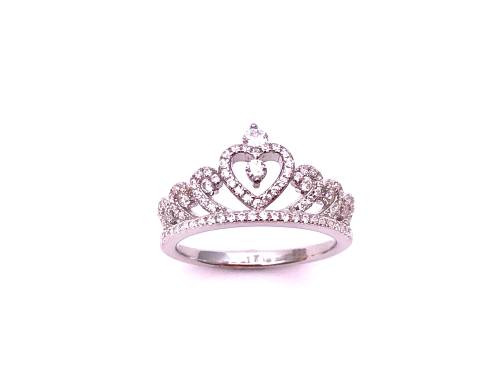 Silver CZ Heart Tiara Ring Size N