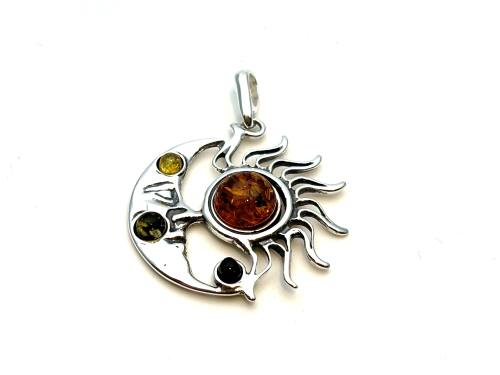 Silver Amber Sun And Moon Pendant