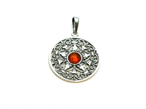 Silver Round Amber Filagree Pendant