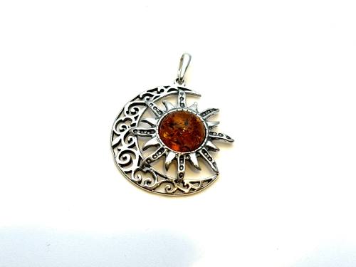 Silver Amber Filigree Sun & Moon Pendant