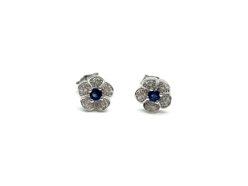 Silver Blue & White CZ Flower Stud Earrings