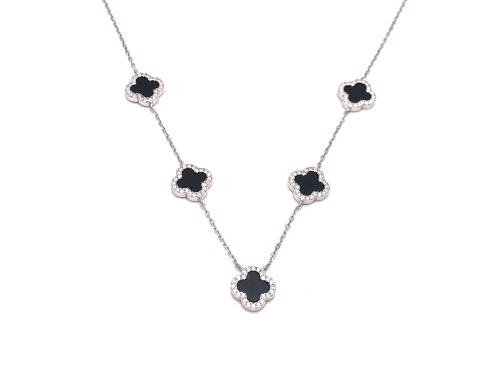 Silver Onyx & CZ Multi Clover Necklet