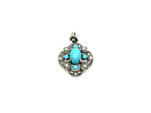 Silver Turquoise Pearl & Marcasite Fancy Pendant